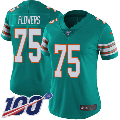 Nike Miami Dolphins #75 Ereck Flowers Aqua Green Alternate Women Stitched NFL 100th Season Vapor Untouchable Limited Jersey